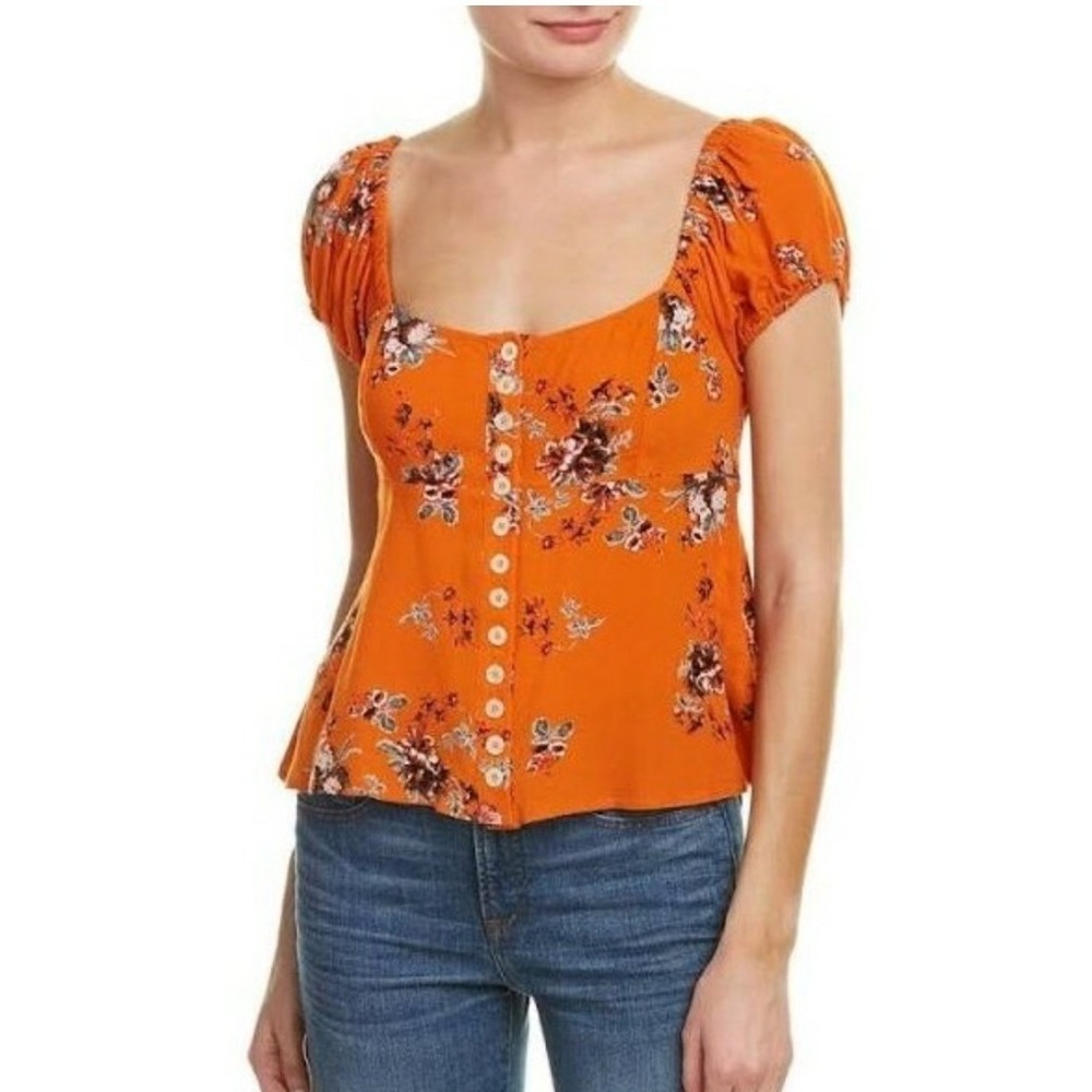 Free People Close To You Orange Floral Puff Sleeve Smocked Peplum Top Small